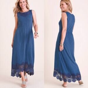 CHICO'S Blue Crochet Detail Maxi Dress Boho Summer Size Medium/8